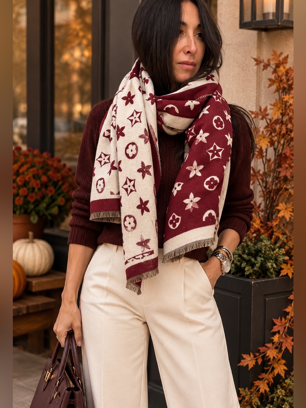 ShopEvelynne Burgundy and Cream Floral Scarf